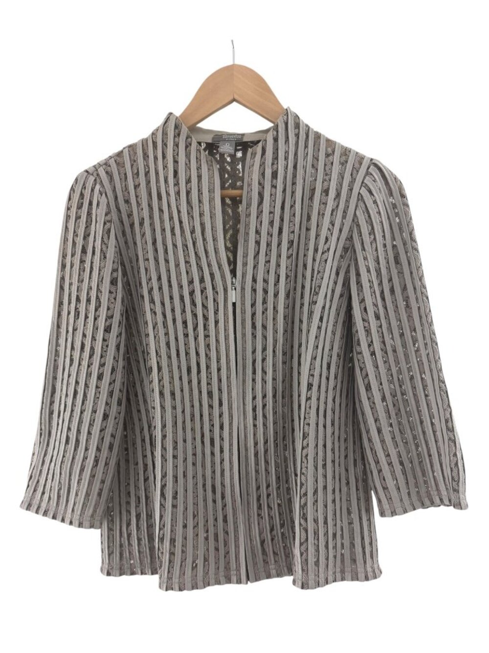 Chico's Travelers Size 0 = Small Taupe Striped Lace Dressy Zip Jacket Blazer